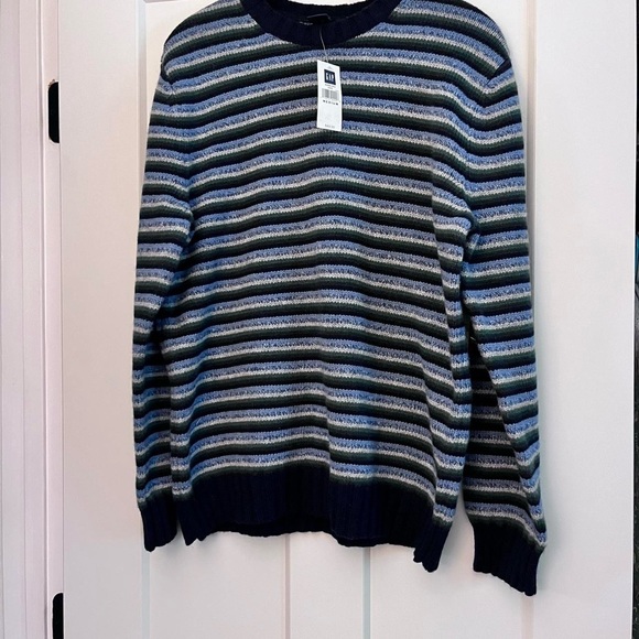 Vintage 2003 Men Gap Lambs Wool Knit Crew Neck Sweater Striped Green Blue Size M - Picture 1 of 7